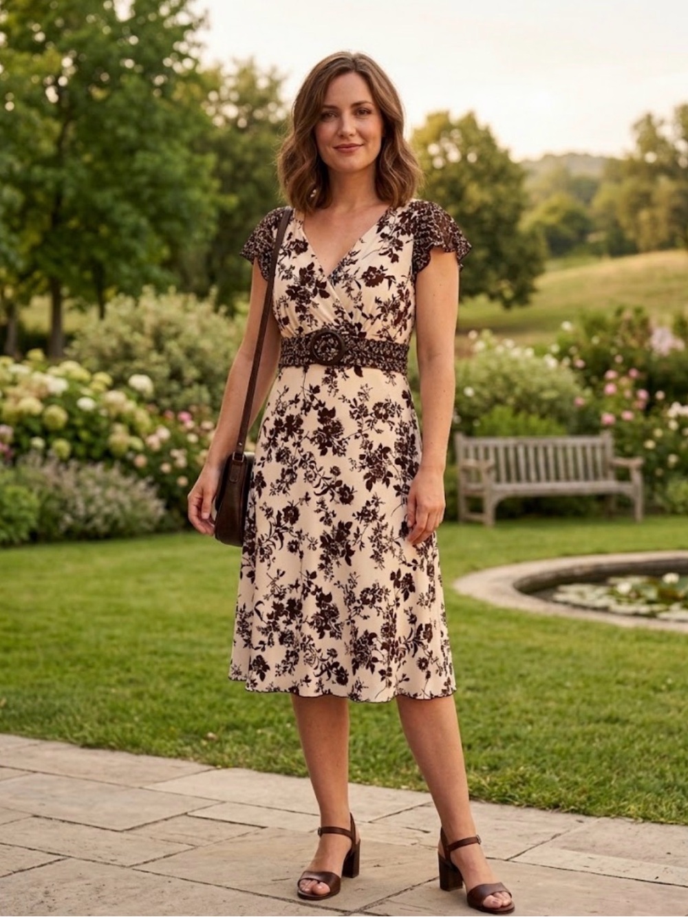 Vintage Y2K Studio Y Brown Floral Empire Waist Midi Dress, Med
